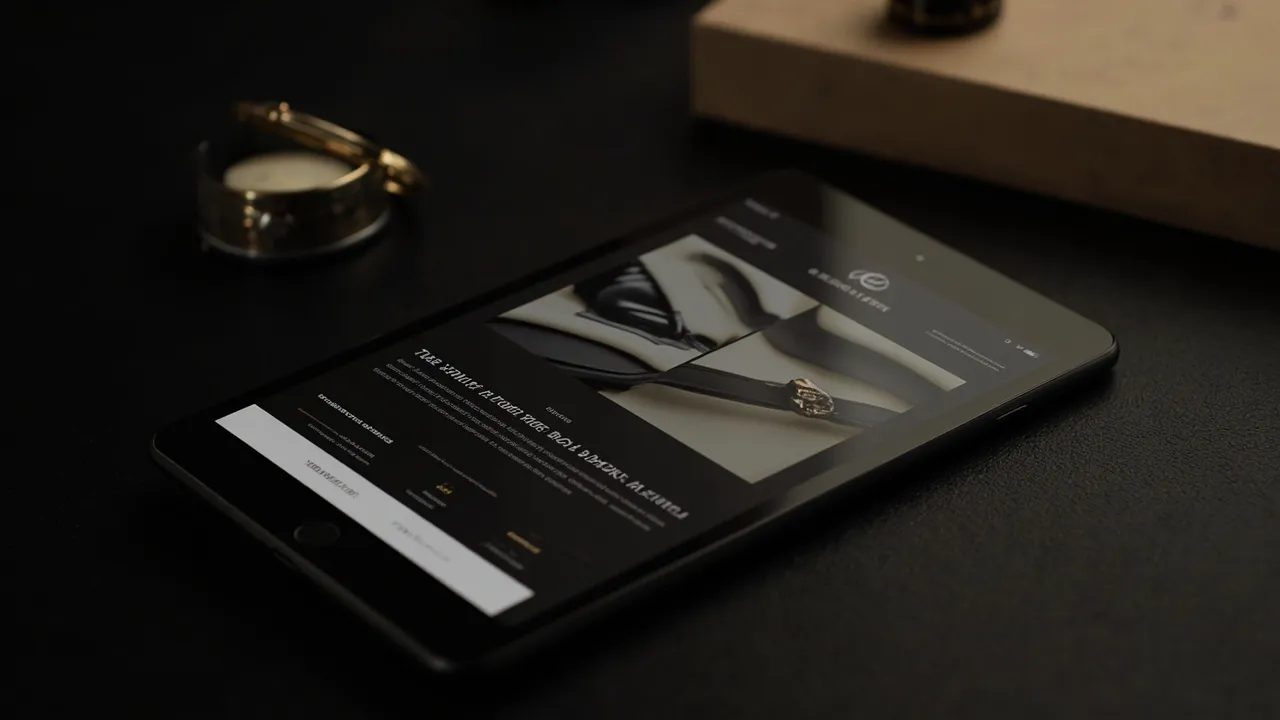 Tablet zeigt eine elegante Uhrmacher-Website mit einer einzelnen Kollektion auf einer dunklen Oberfläche